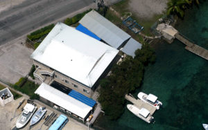 Palau: aerial view of CRRF lab site with 3 work boats